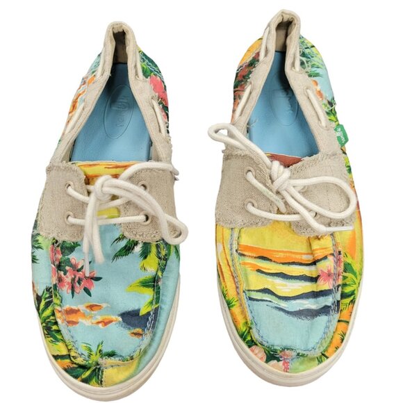 Sanuk Women’s Tropical Canvas Boat Shoes Size 6 Beach Ocean Vacation - Picture 1 of 4